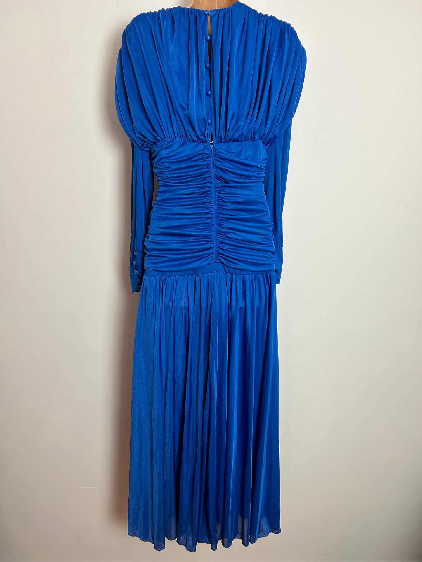 Vintage 1980s UK Size 10 CREATION JOLIE Royal Blue Ruched Draped Maxi Length Occasion Evening Dress