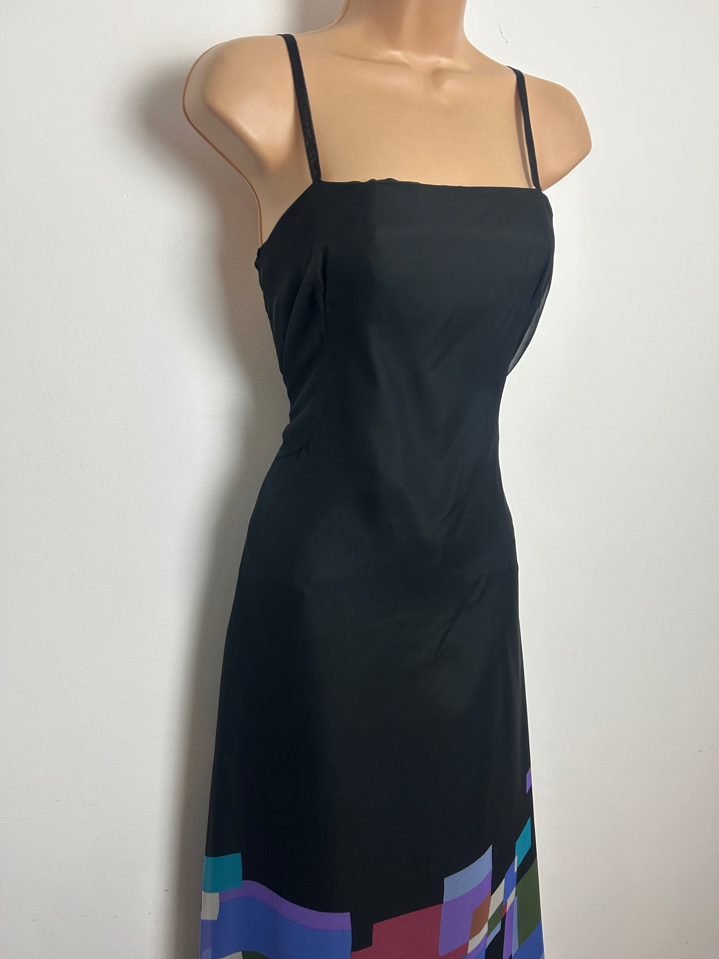 Vintage Late 1970s HOFFMANN Size 10 Black & Multi Colour Abstract Print Strappy Chiffon Maxi Dress