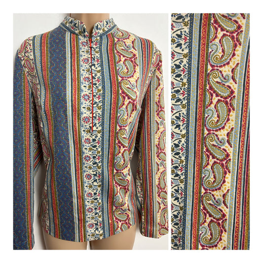 Vintage 1970s UK Size 14-16 Blue Cream & Dark Pink Tones Stripe Floral & Paisley Print Long Sleeve Top