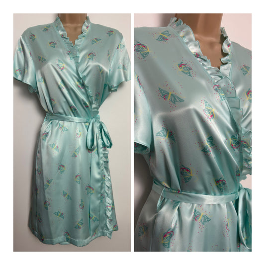 Circa 2008 Y2K Marks & Spencer Size 8-10 Turquoise Green Butterfly Print Silky Wrap Dressing  Gown