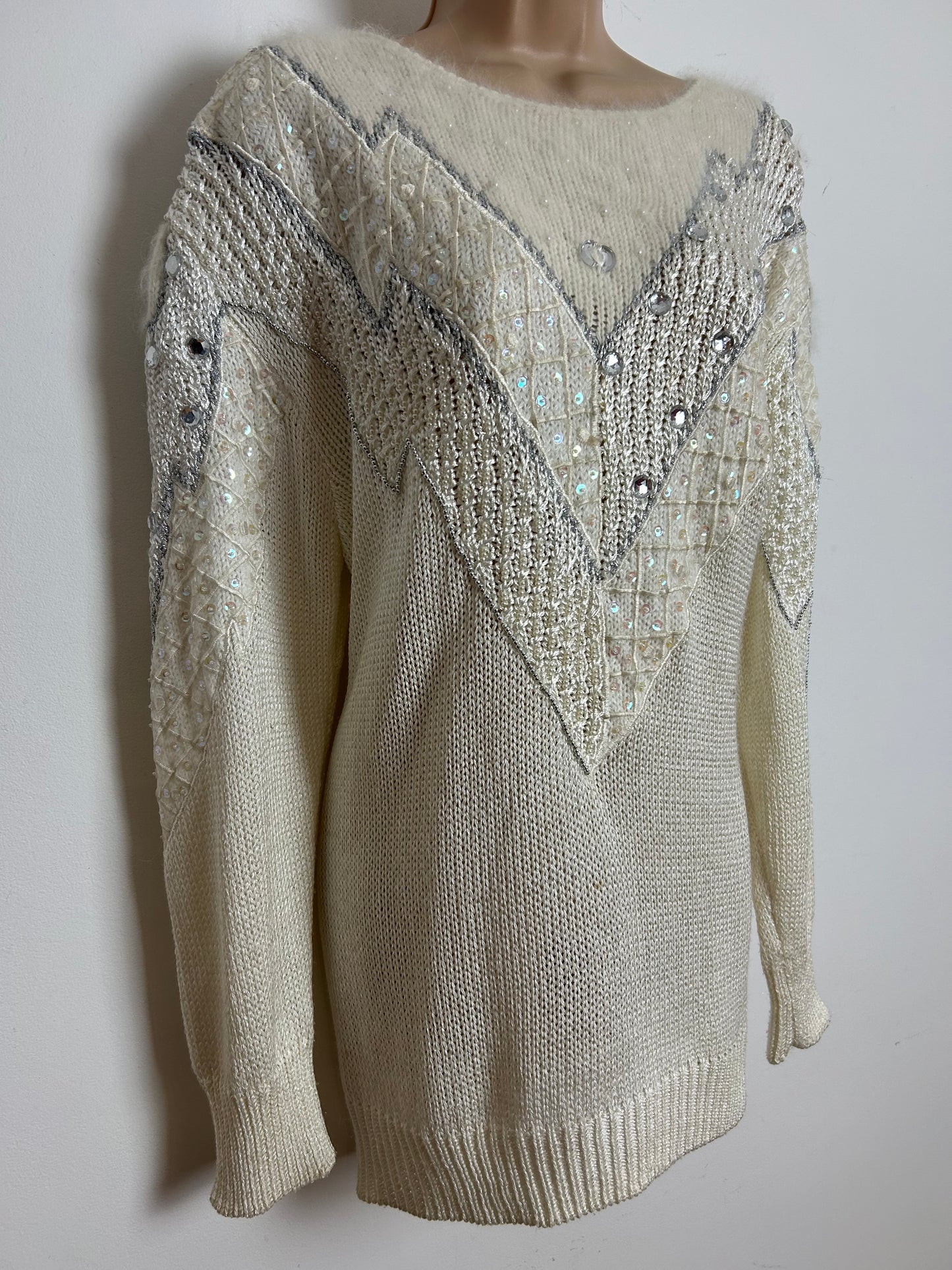 Vintage 1980s Up To Size 18-20 Winter White Sequin & Jewel Detail Winter Jumper