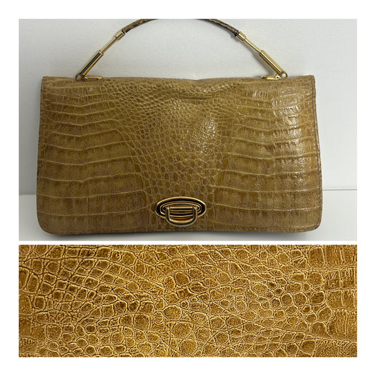 Vintage 1970s Camel Colour Reptile Mock Croc Grab Handle Handbag