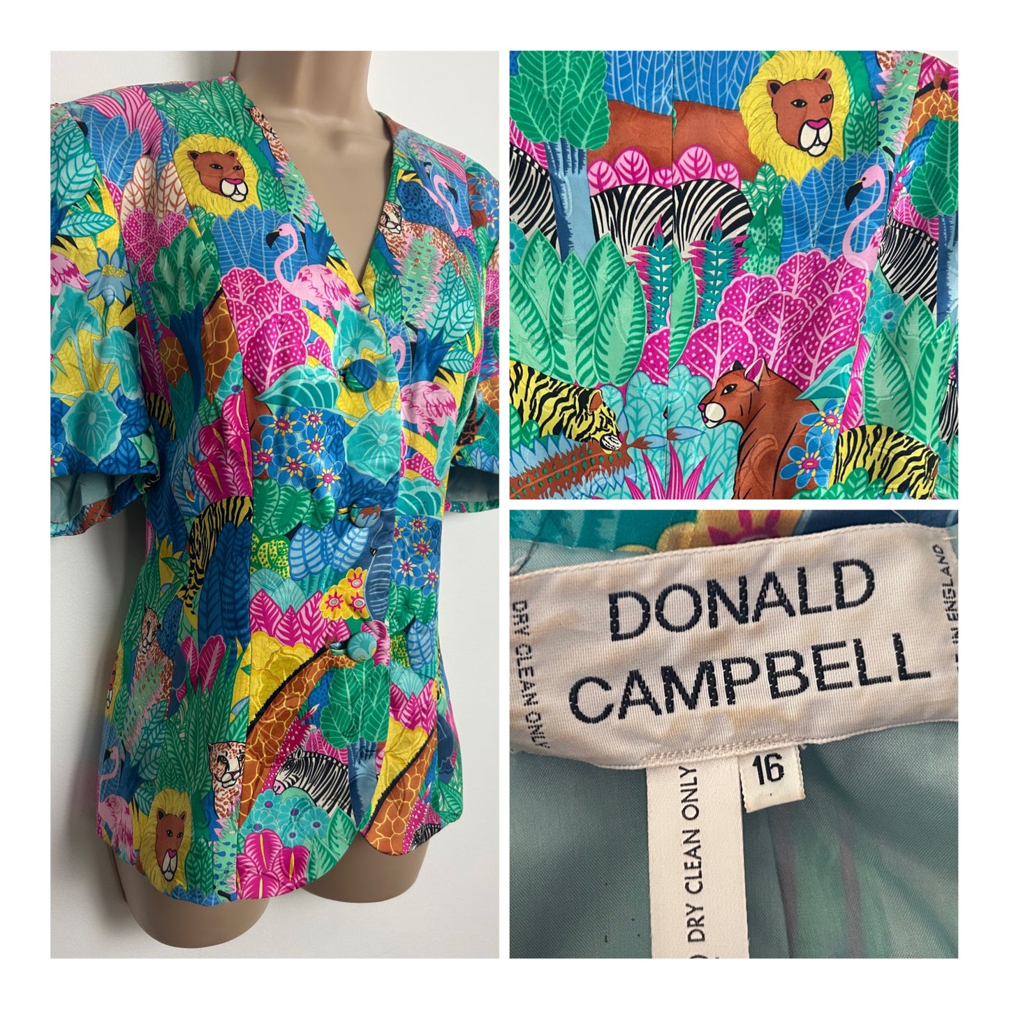 Vintage 1980s DONALD CAMPBELL Size 14 Blue Pink Green Yellow Flamingo Leopard & Lion Print Jungle Print