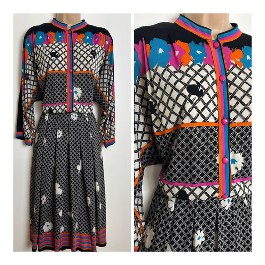 Vintage 1980s GIBI OF ROMA Size 10-12 Black White Blue Orange & Pink Floral Long Sleeve Midi Day Dress