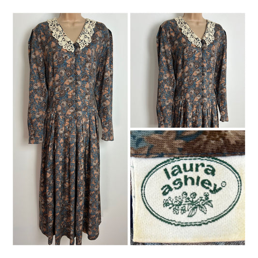 Vintage 1980s LAURA ASHLEY Size 14 (Size 16 On Label) Brown & Blue Floral Print Wool Mix Lace Collar Maxi Dress