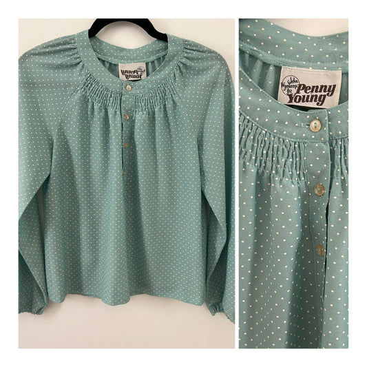 Vintage Late 1970s JOHN WYNKOOP FOR PENNY YOUNG Size 10 Mint Green Polka Dot Shirred Detail Blouse/Top
