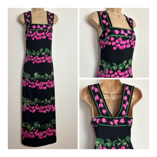 Vintage 1970s Size 10-12 Beautiful Black Pink & Green Floral Print Signed Fabric Maxi Dress
