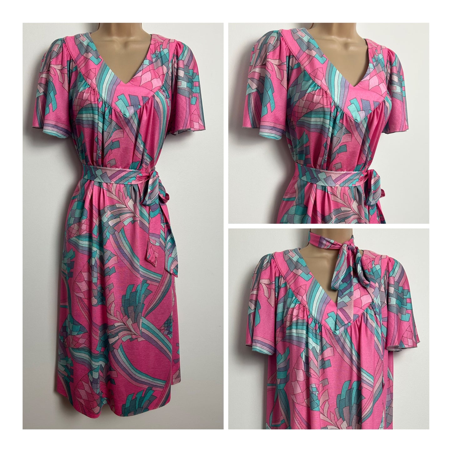 Vintage Late 1970s Made In Italy Size 12-14 Pink Mint & Lilac Abstract Geo Print Belted Dress