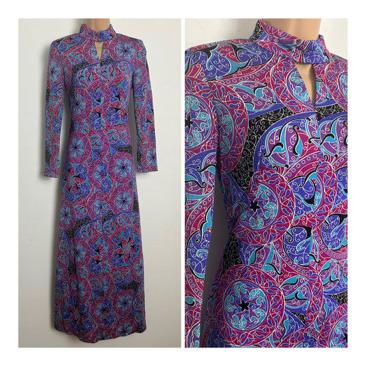 Vintage 1970s Size 6-8 Pink Purple & Turquoise Psychedelic Abstract Keyhole Maxi Dress