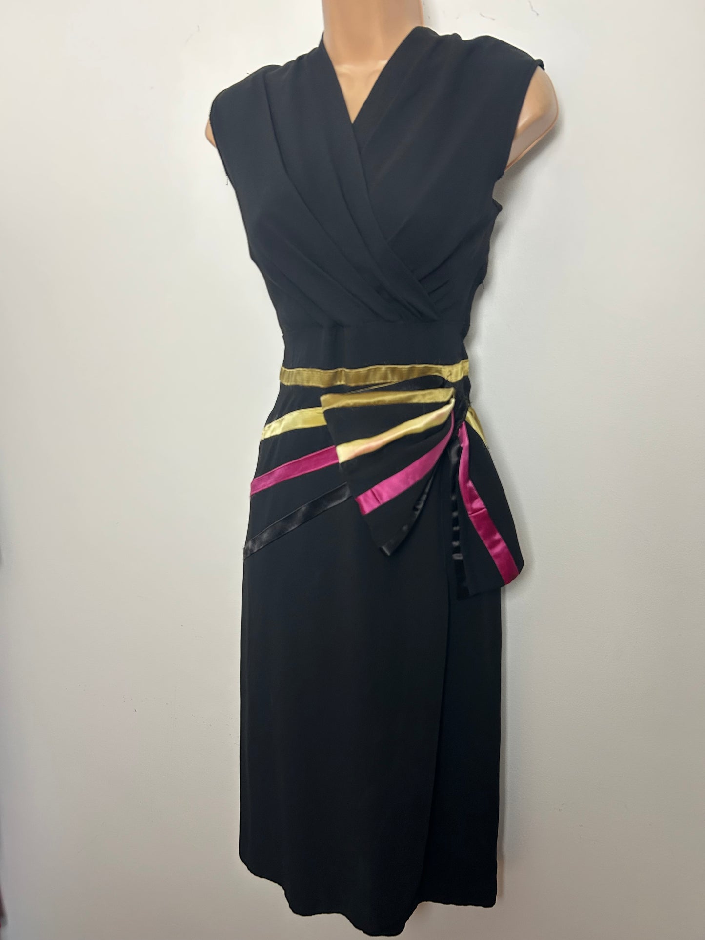 Vintage Late 1940s RARE ARTHUR BANKS Size 8-10 Black Rayon Satin Stripe Bow Detail Wiggle Party Dress