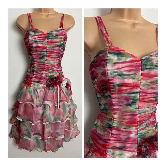 Vintage 1980s TRINIC PARIS Size 10 Pink & Green Abstract Floral Ruched Bodice Layered Summer Party Prom Dress