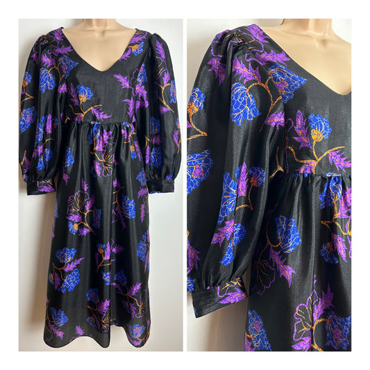 Vintage 1970s Size 10 Black Blue Pink & Orange Floral Print Balloon Sleeve Empire Line Midaxi Dress
