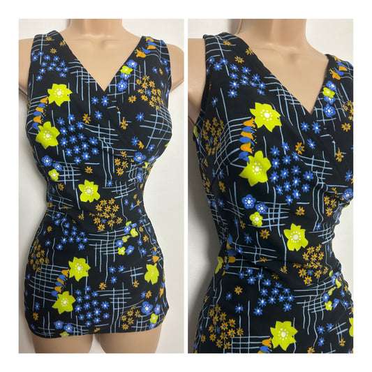 Vintage 1960s DIVA Size 16 Black Green Blue & Orange Floral & Stripe Print Skirted Swimsuit