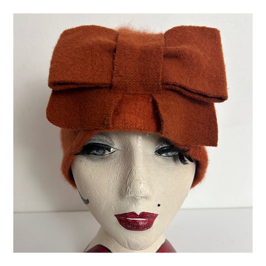 Vintage Rusty Orange Angora & Wool Mix Bow Detail Beanie Hat