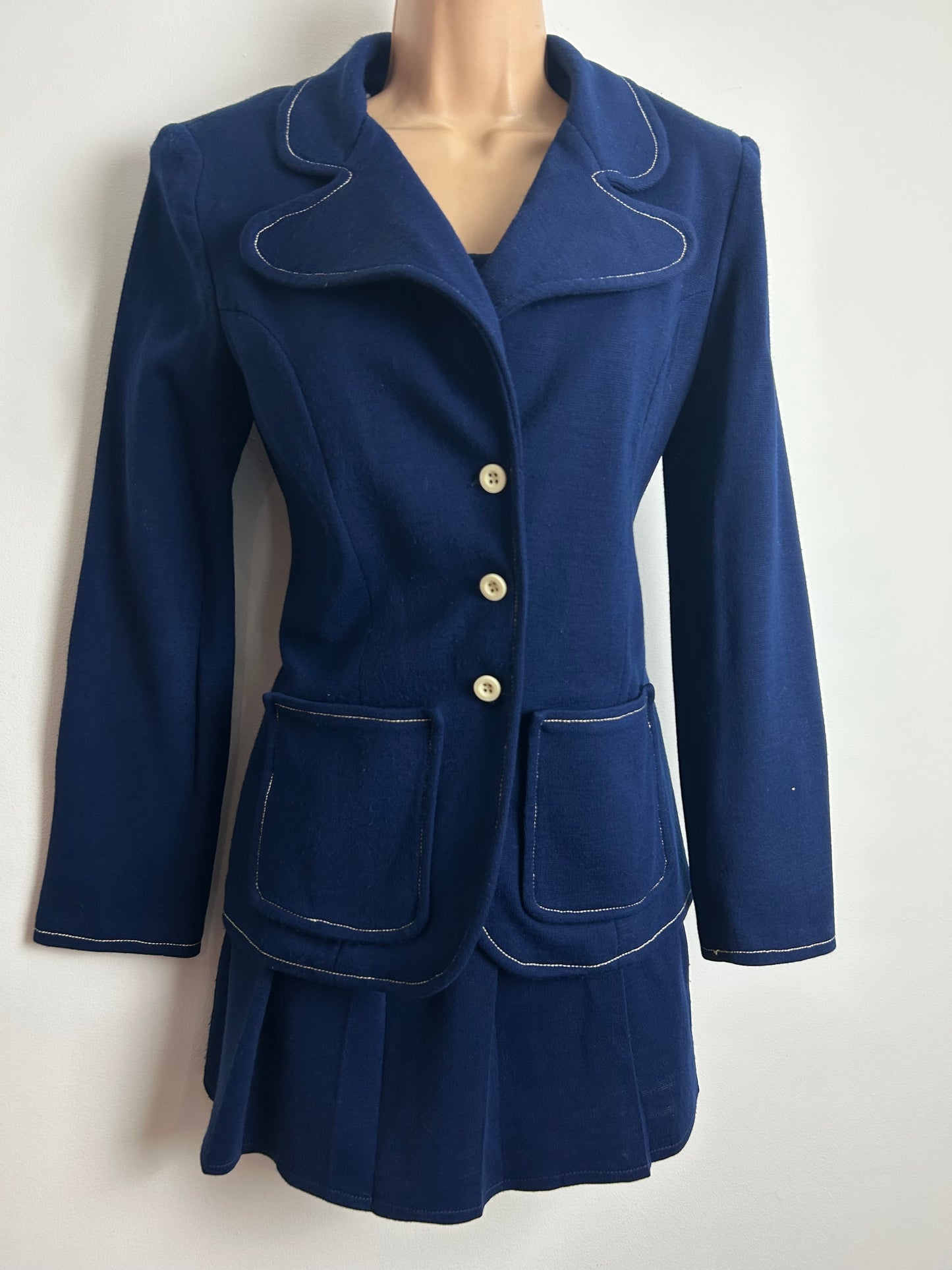 Vintage 1960s Size 8 Navy Blue Polka Dot Pleated Mini Mod Suit: Dress & Matching Jacket