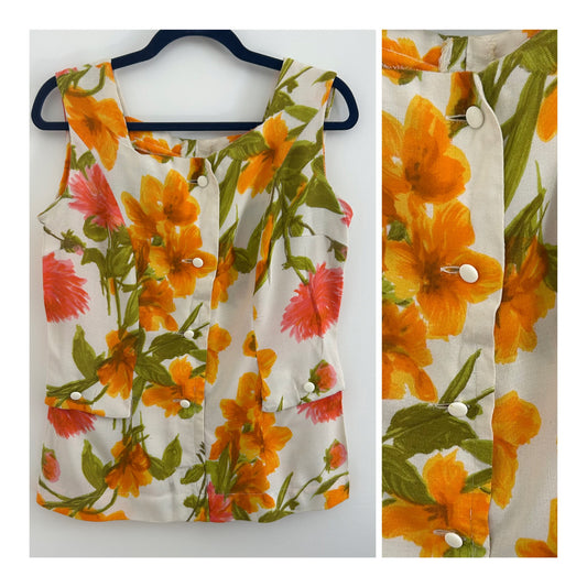 Vintage 1960s Size 14 White Orange & Pink Bold Floral Print Sleeveless Woven Cotton Top