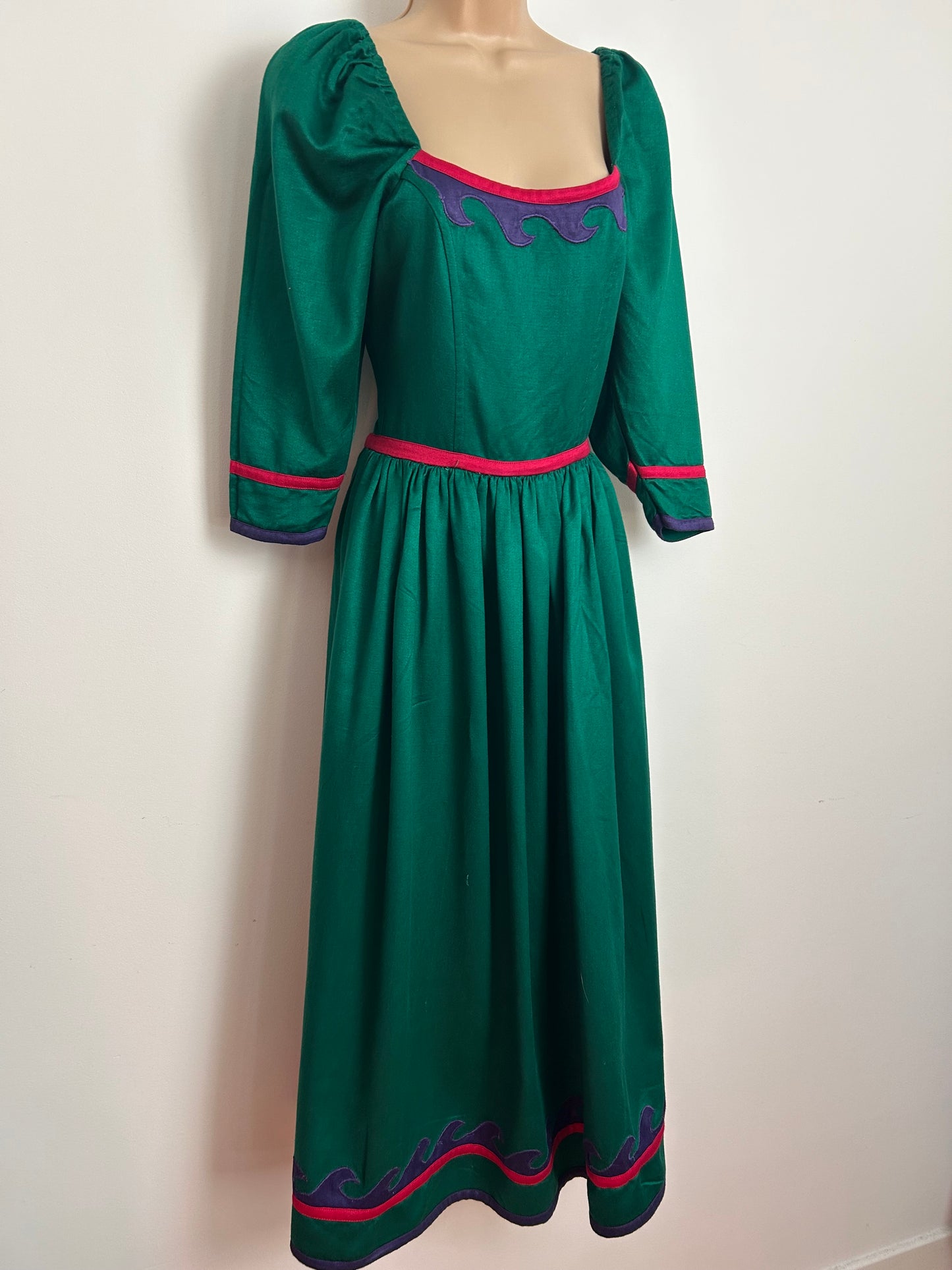 Vintage 1980s MONSOON Size 6-8 Green Mid Sleeve Gather Pleated Prom Style Midi Dress