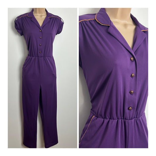Vintage Early 1980s J.C Penney Purple & Bronze Piping Trim Straight Leg Jumpsuit