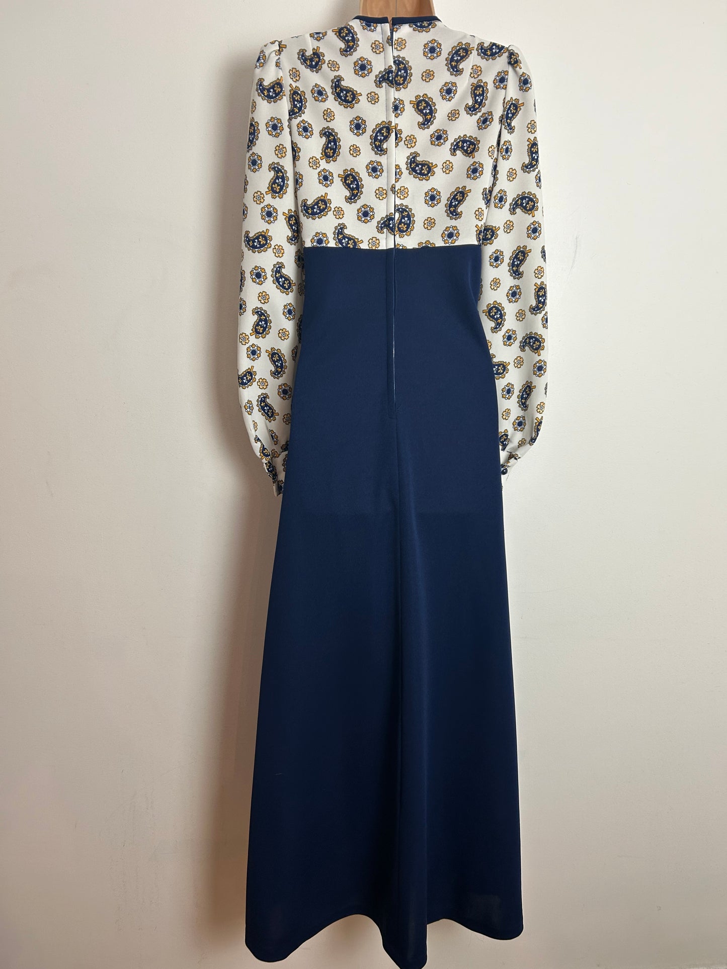 Vintage 1970s UK Size 8-10 Navy Blue White & Yellow Paisley Print Long Sleeve Maxi Dress