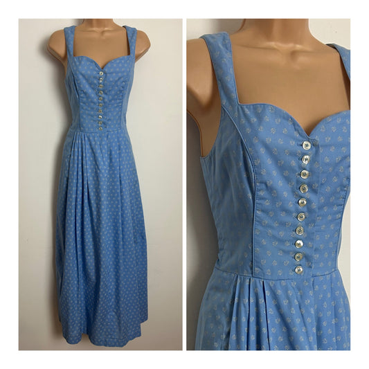 Vintage 1970s TRACHTEN-ALM Size 6 Pale Blue Ditsy Floral Print Pleated Dirndl Landhaus Cotton Maxi Dress