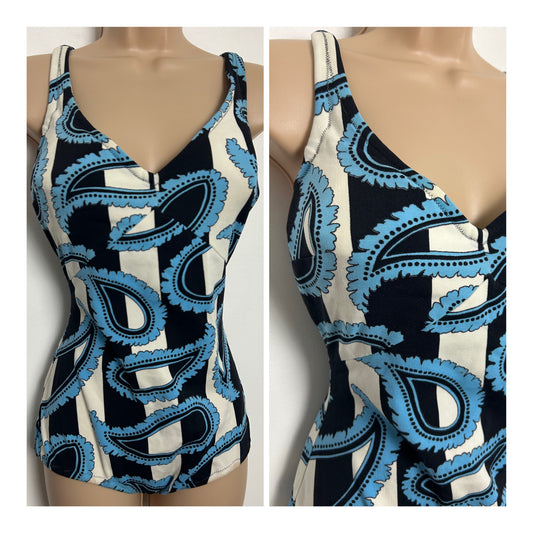Vintage 1960s TRIOLA Size 16 Black White & Blue Stripe & Paisley Print Moulded Cup Swimsuit
