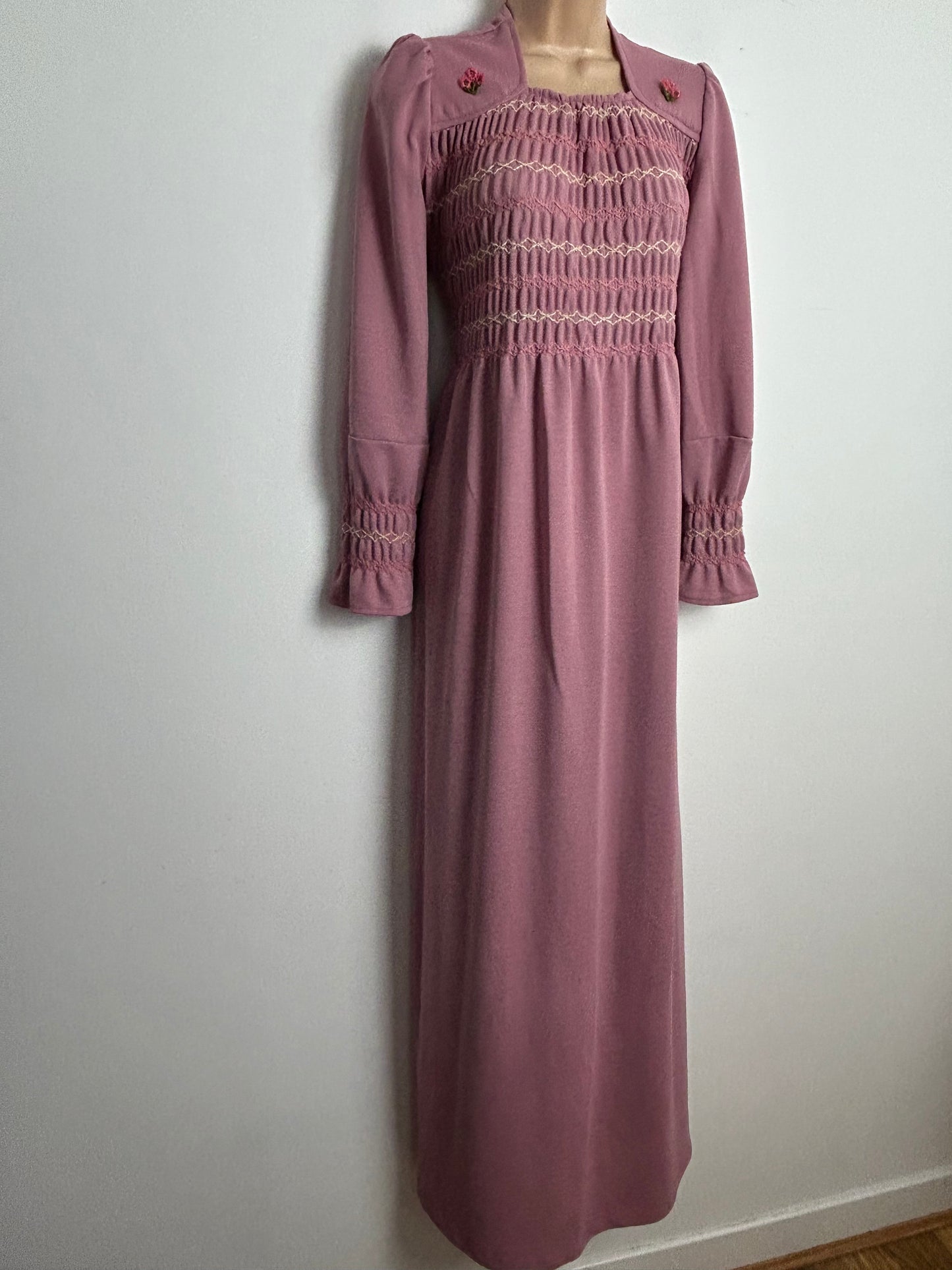 Vintage 1970s UK Size 12 Dusky Pink Shirred Bodice Long Sleeve Tie Back Maxi Dress