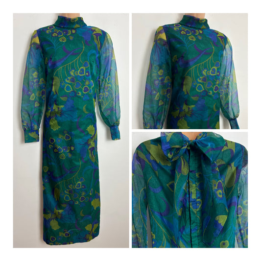 Vintage 1960s Size 8 Green & Blue Tones Floral Print Long Sleeve Bow Back Column Midaxi Dress