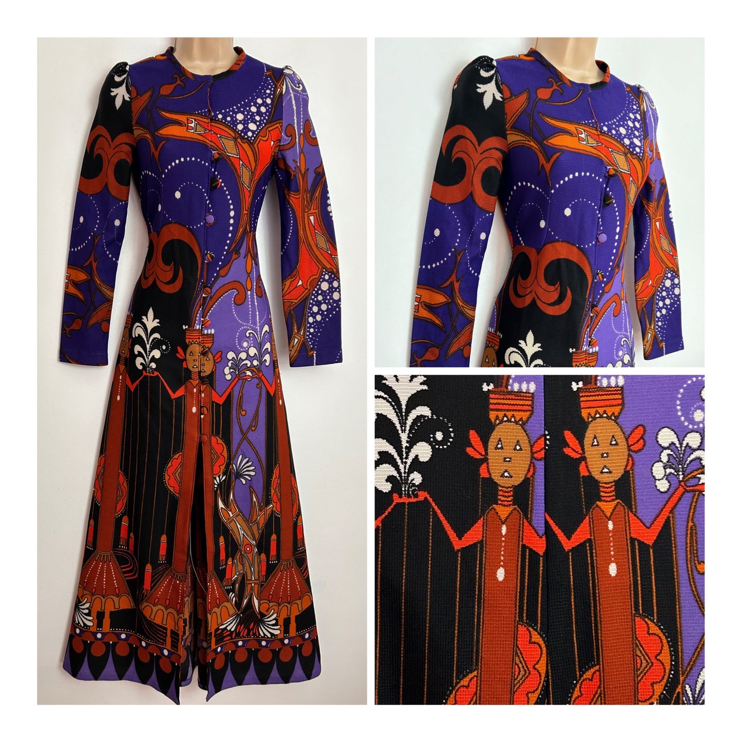 Vintage 1970s SHELANA UK Size 6 Purple & Rusty Orange Tribal Novelty Print Long Sleeve Maxi Dress