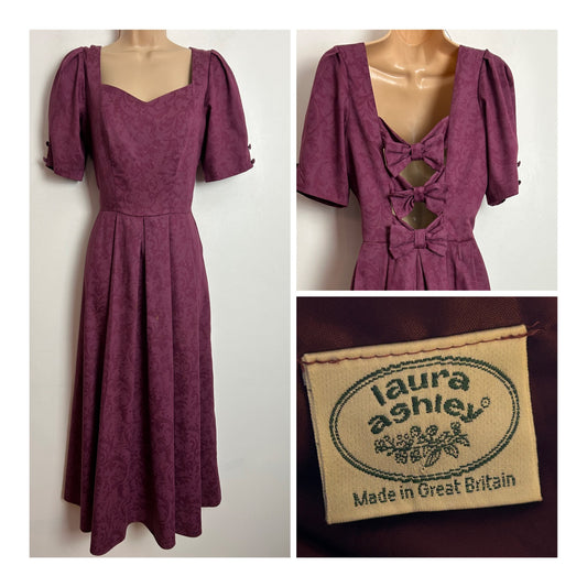 Vintage 80s LAURA ASHLEY UK Size 8-10 (UK Size 12) Plum Purple Floral Bow Open Bow Back Midi Dress