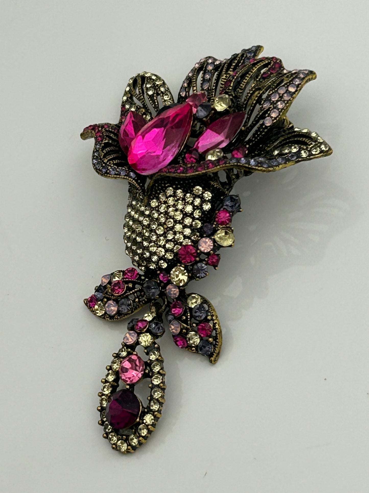 Vintage Large Dark Gold Pink & Clear Diamante & Jewel Set Flower Brooch Or Pendant