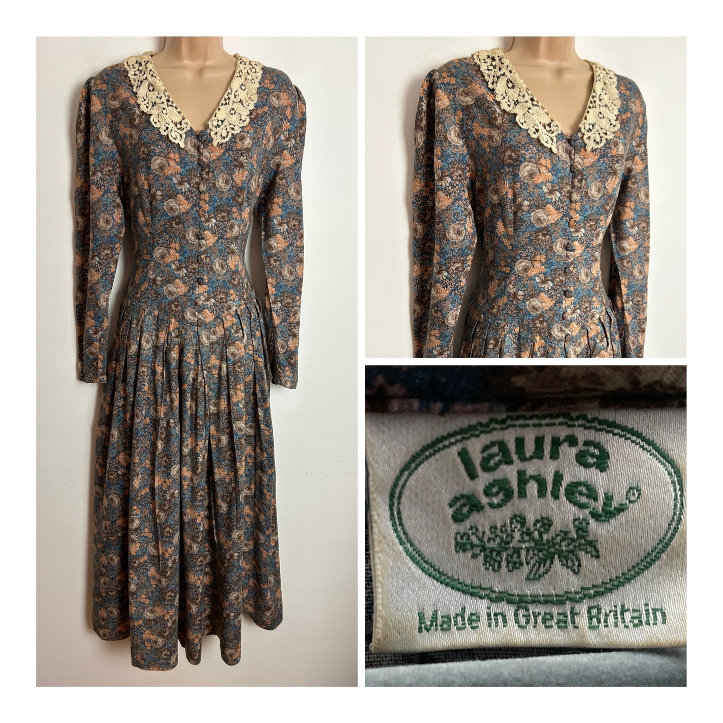 Vintage 1980s LAURA ASHLEY UK Size 10 Blue & Brown Tones Floral Wool Blend Lace Collar Short Maxi Length Dress