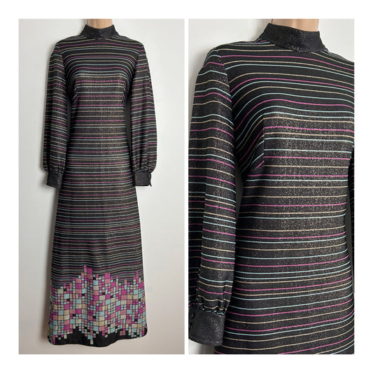 Vintage 1970s UK Size 12 Black Pink Blue Gold & Silver Stripe & Geo Print Lurex Long Sleeve Maxi Dress
