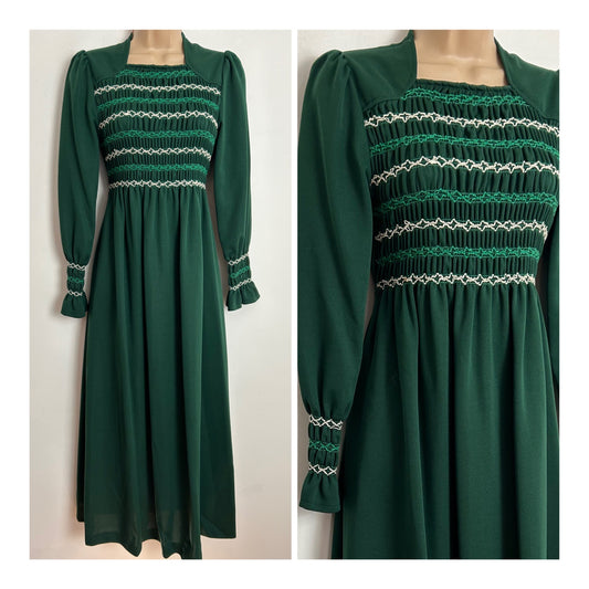 Vintage 1970s UK Size 8/10 Bottle Green Shirred Stretchy Bodice Long Sleeve Tie Back Boho Maxi Dress