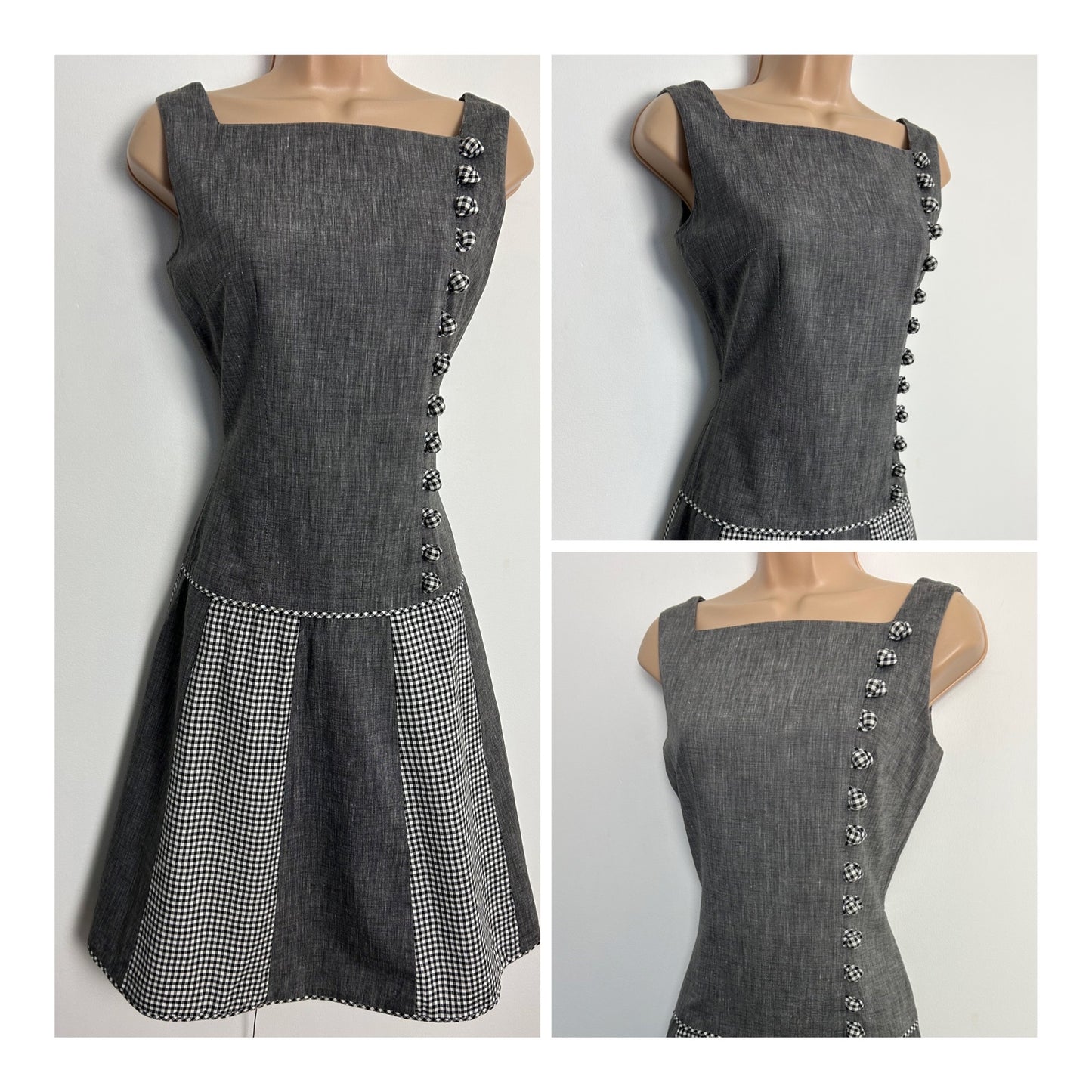 Vintage 1960s SHUBETTE UK Size 8 Grey & Black Gingham Check Button Detail Mod Shift Dress