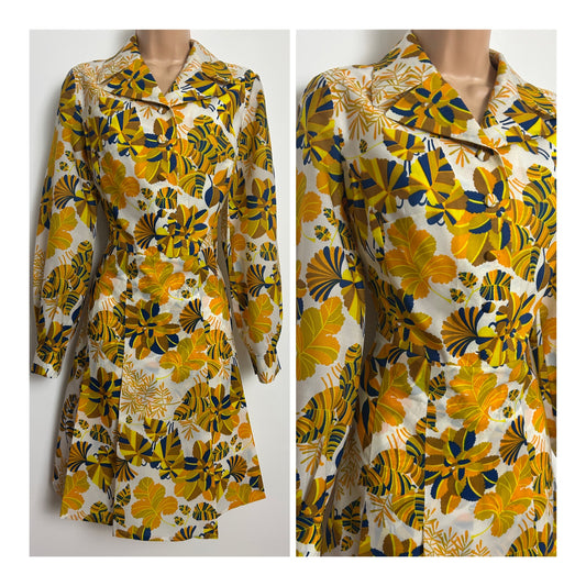 Vintage 1970s Size 12-14 White Blue Orange & Yellow Leaf Print Long Sleeve Day Dress