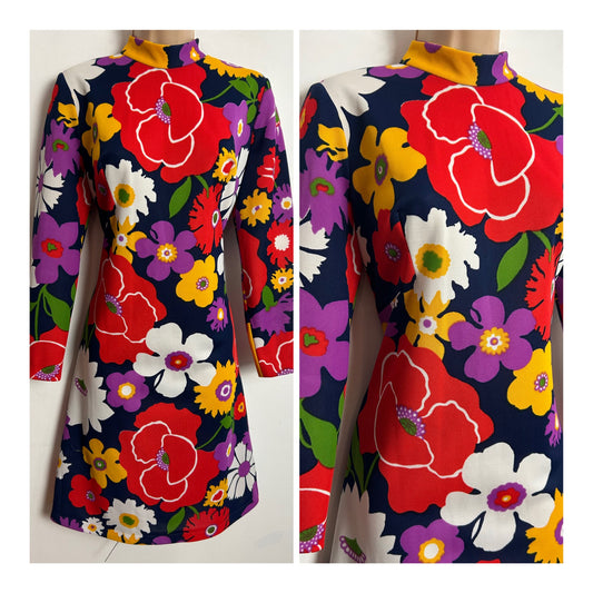 Vintage 1970s UK Size 12 Navy Blue Red Yellow Purple & White Bold Floral Print Long Sleeve Dress