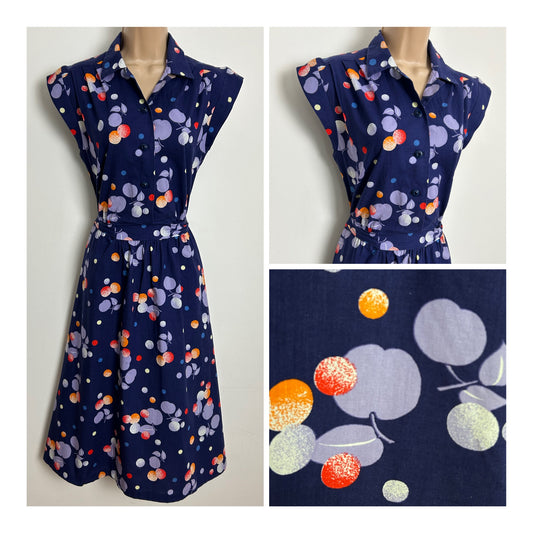 Vintage 1980s Size 10-12 Cute Navy Blue Lilac & Orange Apples & Spot Print Cotton Day Dress