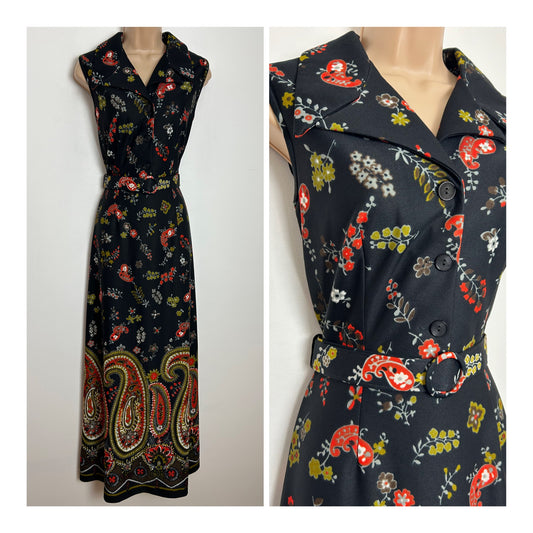 Vintage 1970s DANDI BY BERKERTEX Size 10 Black Red & Olive Green Floral & Paisley Print Belted Dagger Collar Maxi Dress