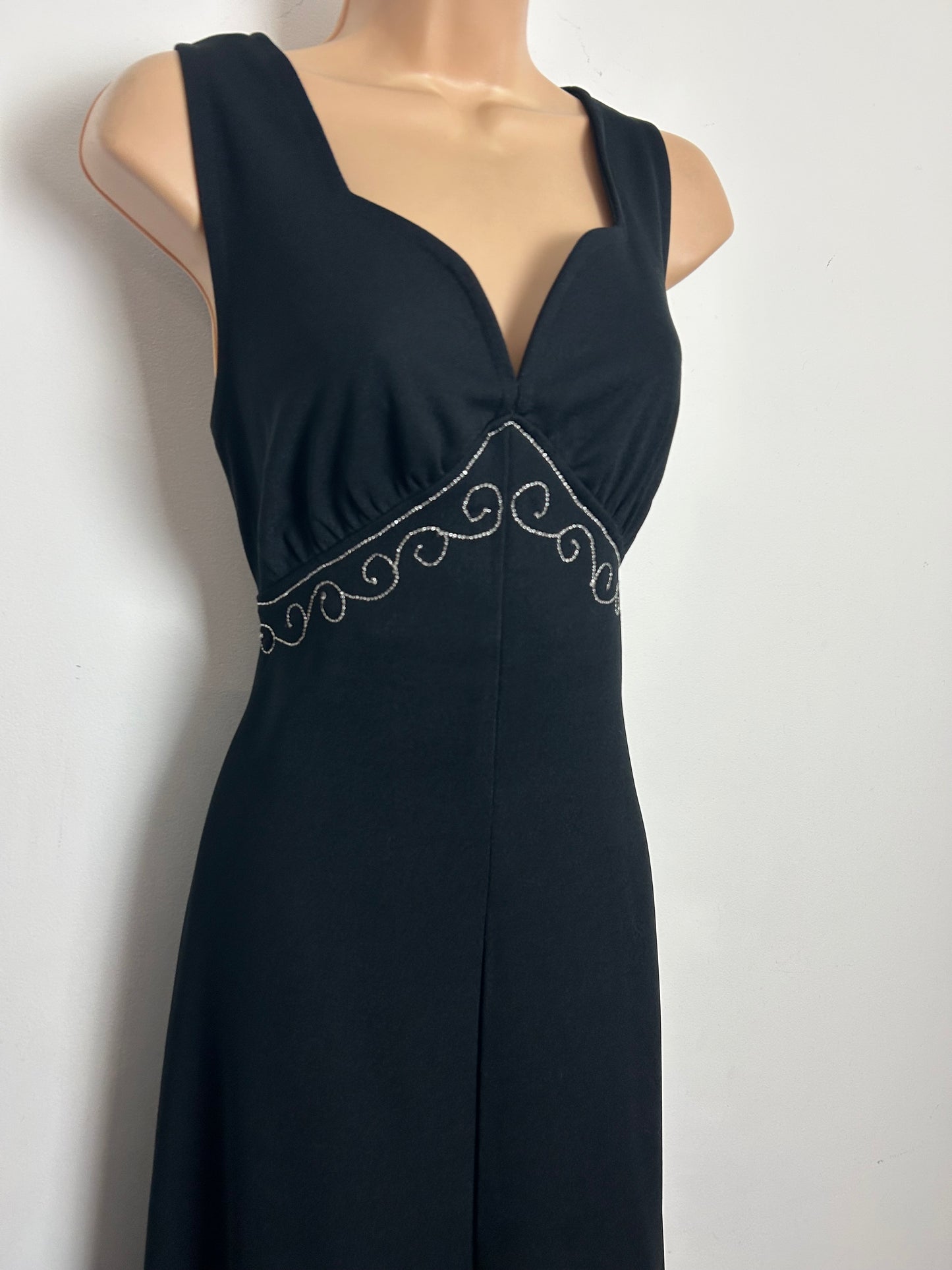 Vintage 1970s Size 8 Black & Silver Braid Trim Sleeveless Occasion Evening Maxi Dress