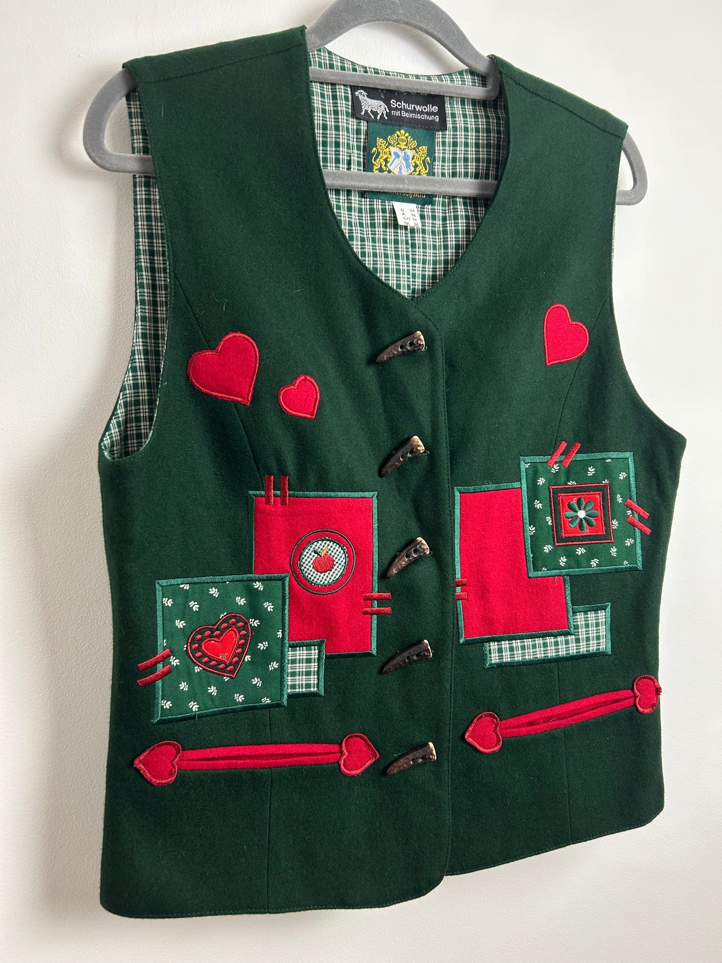 Vintage HAMMERSCHMID Size 10 Wool Mix Dark Green & Red Embroidered Heart Applique Detail  Austrian Tyrol Waistcoat