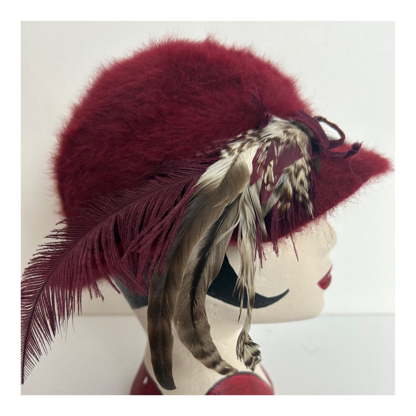 Vintage 1970s Maroon Angora Mix Feather Trim Traditional Austrian Hat