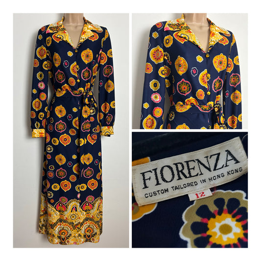 Vintage 1970s RARE FIORENZA Size 10 Navy Blue & Orange Tones Abstract Print Belted Maxi Dress