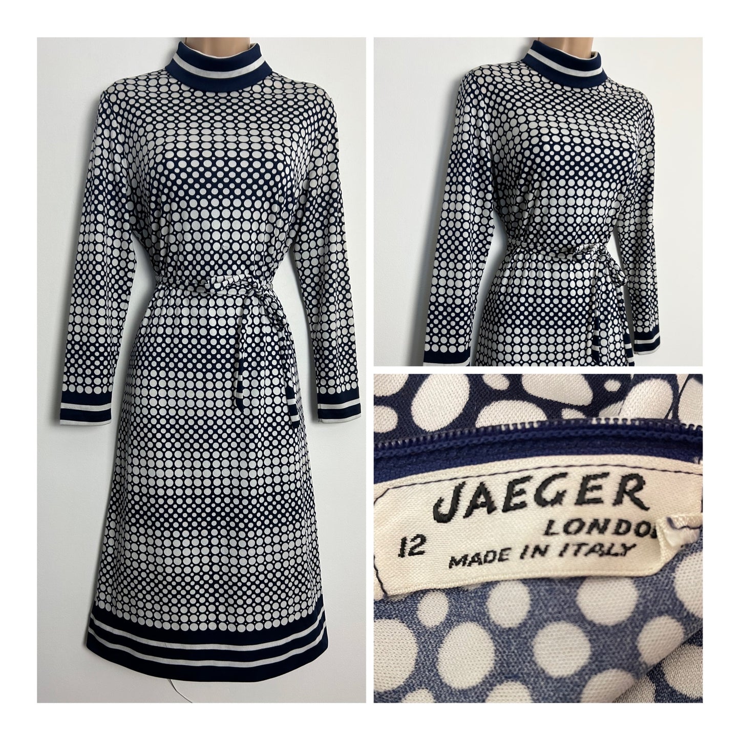 vintage Late 1960s JAEGER UK Size 12 Navy Blue & White Spot Print Long Sleeve Belted Dress