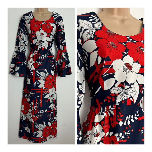 Vintage 1970s EASTEX UK Size 10 Navy Blue Red & White Floral & Leaf Print Long Sleeve Flared Cuff Maxi Dress