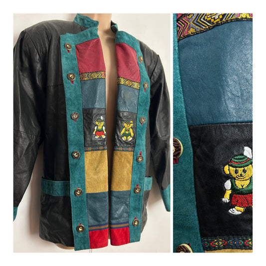Vintage 1980s Up To Size 14 Black Teal & Red Supple Leather & Suede Open Fronted Austrian Leather Jacket