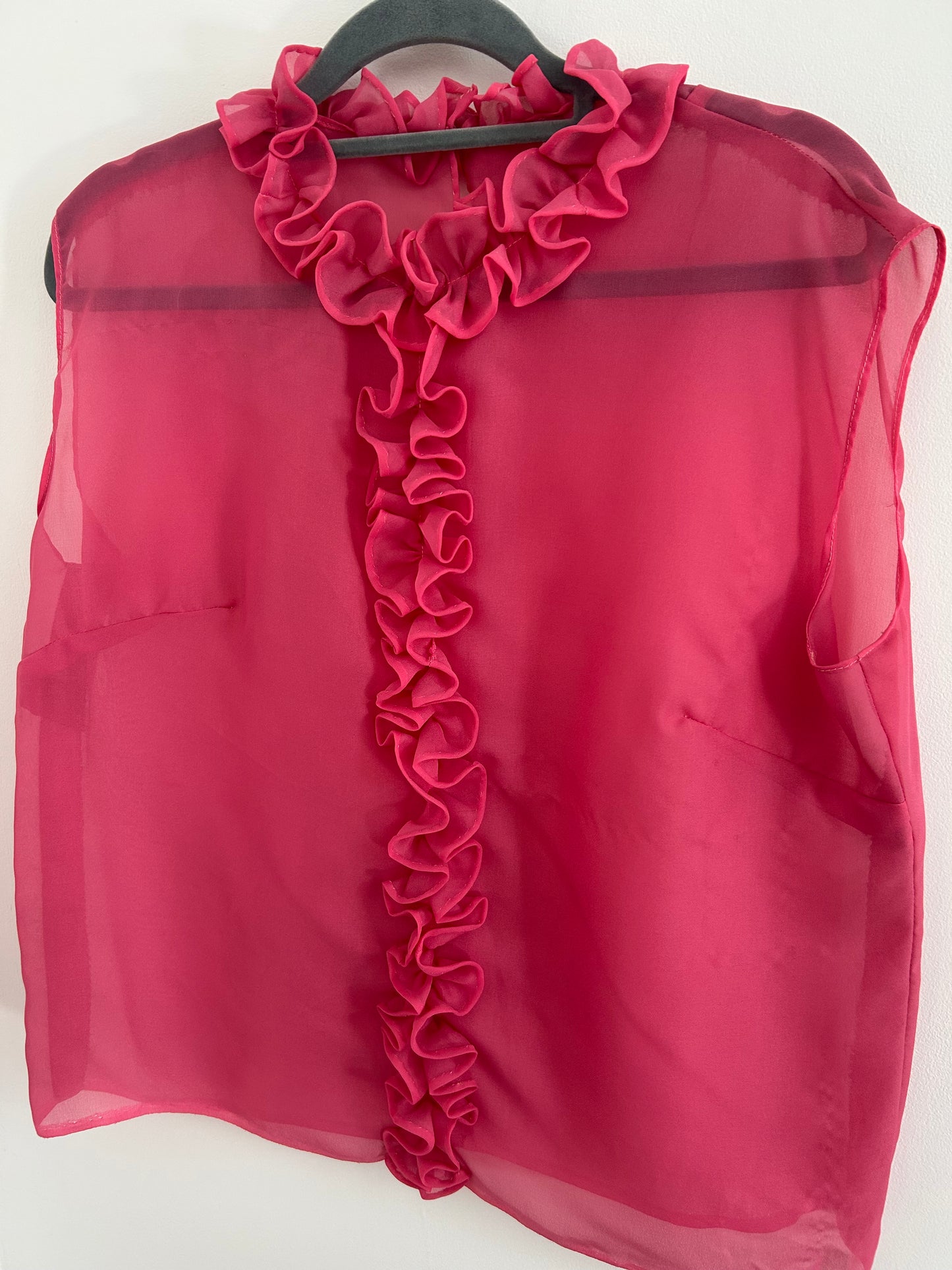 Vintage 1960s Size 14 Candy Pink Sleeveless Ruffle Trim Semi Sheer Lightweight Blouse Top