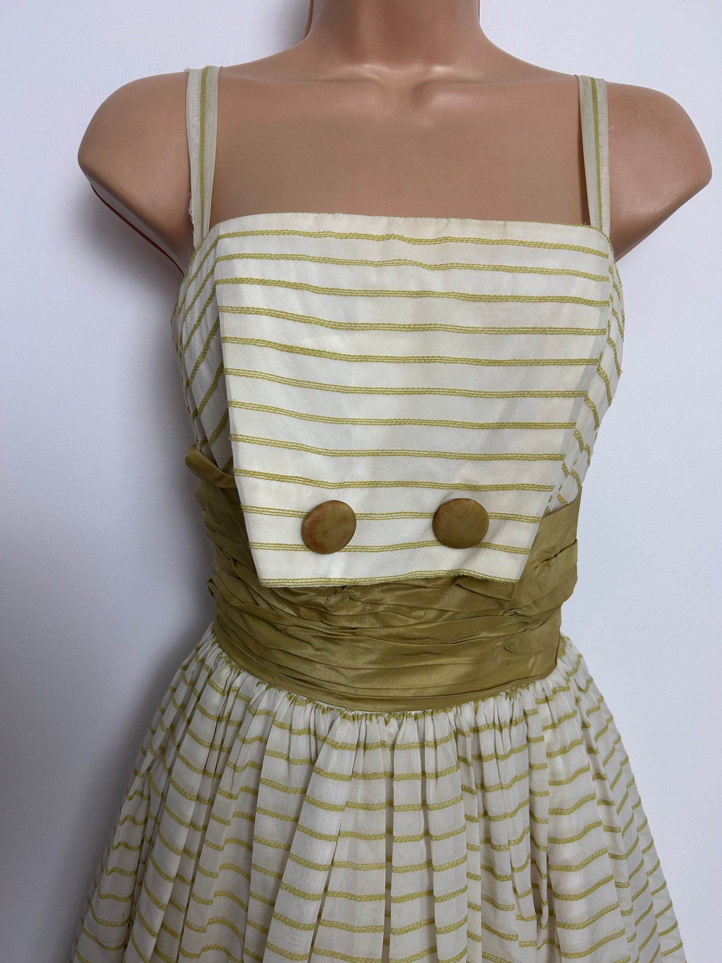 Vintage 1950s Size 4-6 White & Olive Green Stripe Print Ruched Waist Panel Party Prom Dress