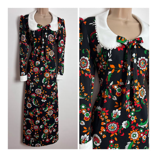 Vintage 1970s UK Size 10-12 Black Orange Red & Green Peter Pan Collar Long Sleeve Maxi Dress