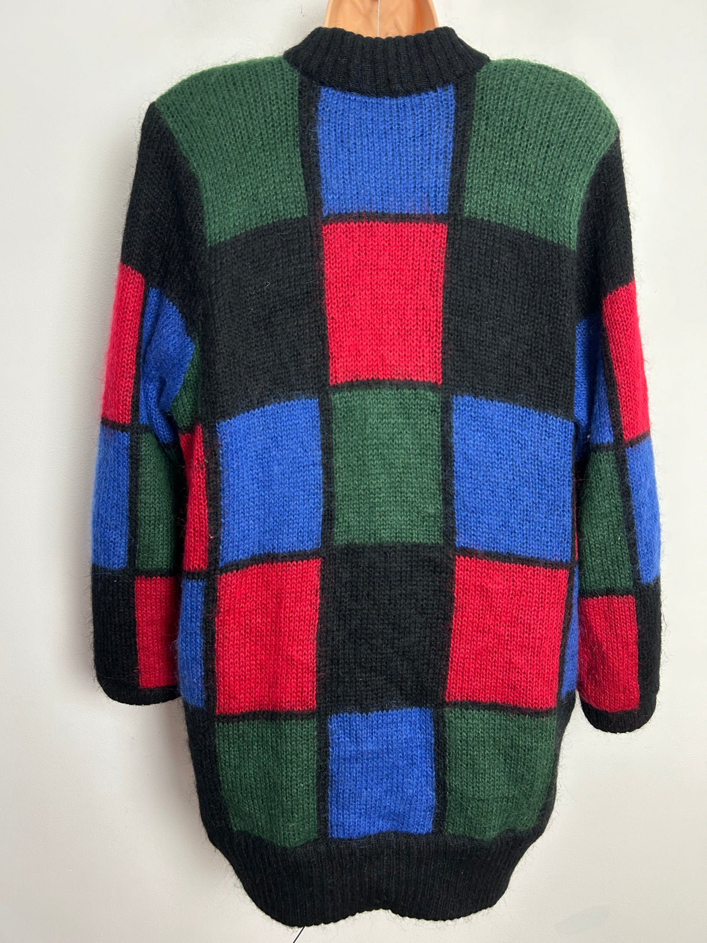 Vintage 1980s CINNAMON Up To Size 16 Black Red Green Blue Check 50% Mohair Longer Length Cardigan/Coatigan