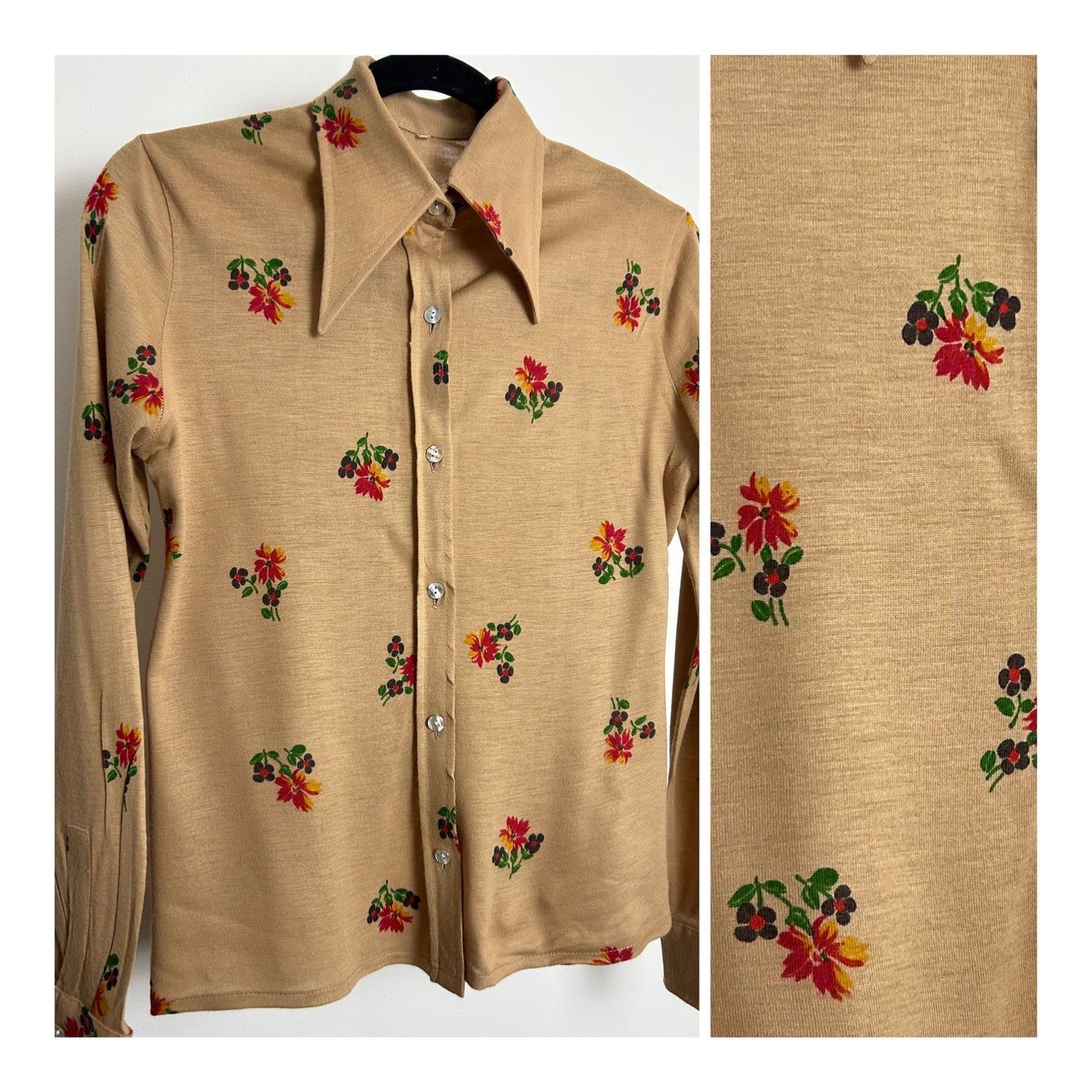 Vintage 1970s Size 10 Beige Red Blue & Green Long Sleeve Dagger Collar Cotton Shirt